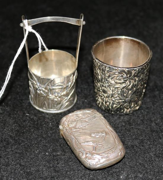 A Japanese model of bucket, a vesta case and a white metal tumbler, late 19th / early 20th century, 4.5cm(-)